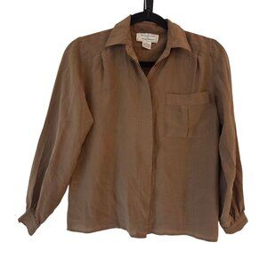Vintage 100% Silk Button Up Blouse Top Flowy Long Sleeve Shirt Brown Size 4